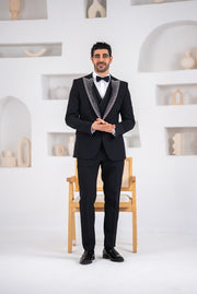 Costum elegant de ceromonie, 4 piese, sacou,vesta,papion si pantalon,detalii cu pietre,PG0156