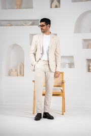 Costum barbatesc de vara, 2 piese, pantalon si sacou, culoarea bej deschis cu dungi fine,PG0165