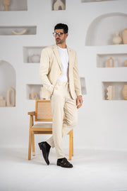 Costum barbatesc de vara, 2 piese, pantalon si sacou, culoarea bej cald cu dungi fine, PG0166
