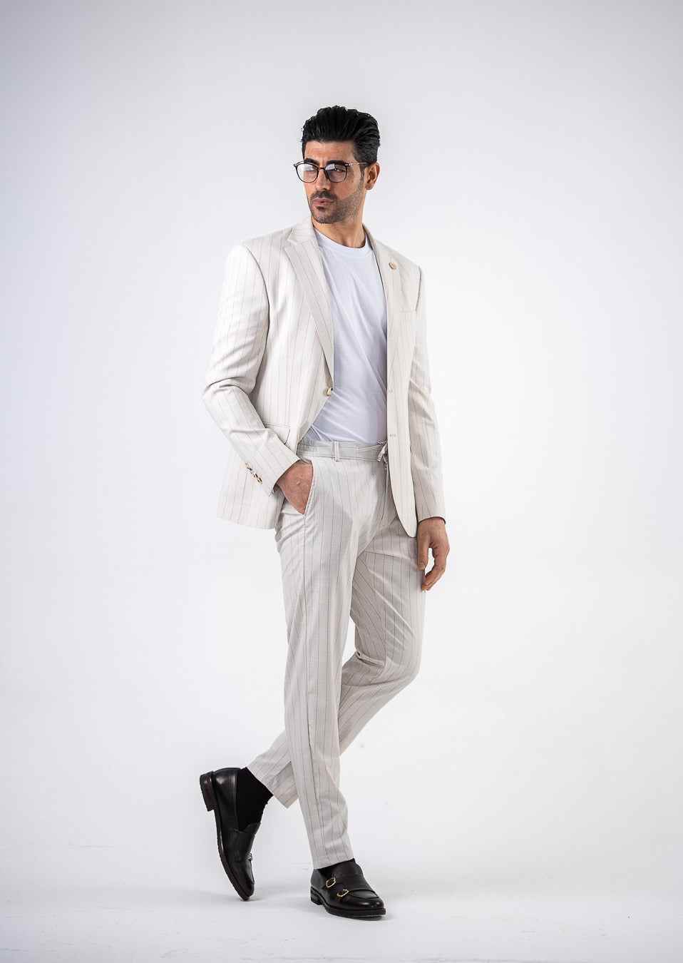 Costum barbatesc de vara, 2 piese, pantalon si sacou, culoarea alb ivory,PG0167