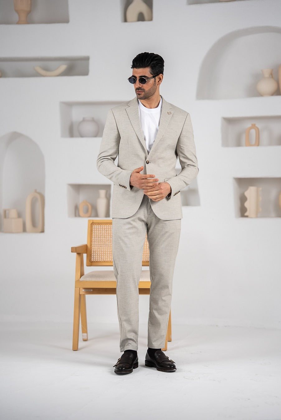 Costum barbatesc de vara, 2 piese, pantalon si sacou, culoarea gri perlat, PG0173
