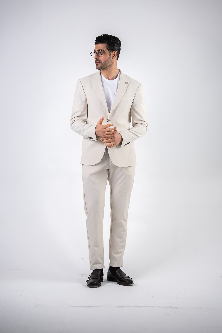 Costum barbatesc de vara, 2 piese, pantalon si sacou, culoarea alb ivory,PG0174