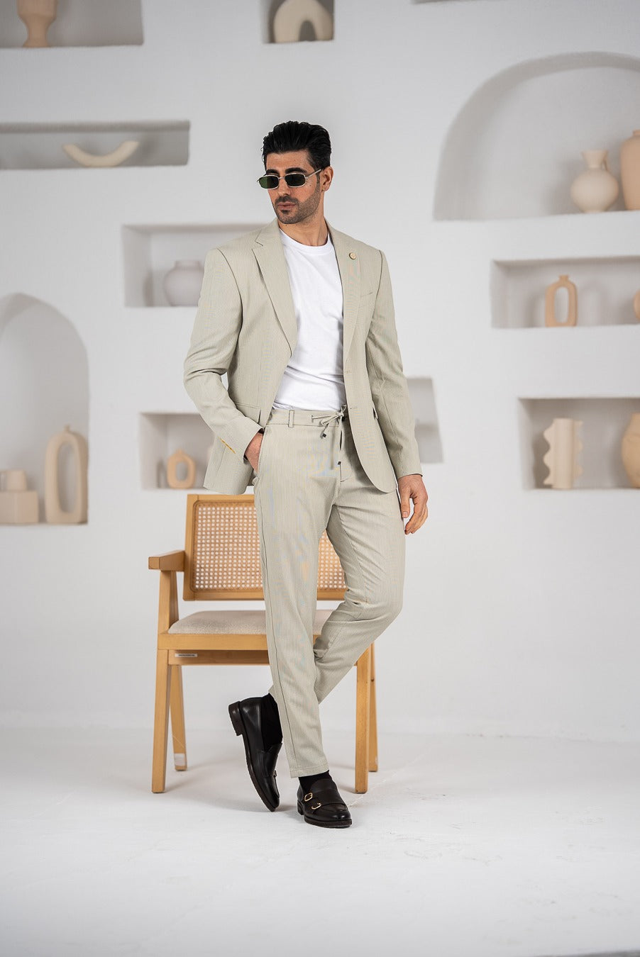 Costum barbatesc de vara, 2 piese, pantalon si sacou, culoarea verde salvie, PG0175
