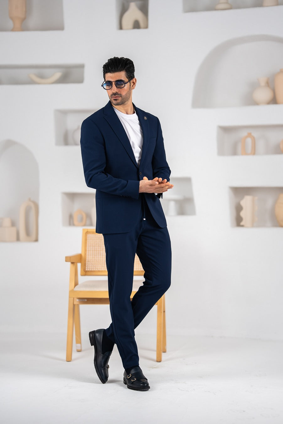 Costum barbatesc de vara, 2 piese, pantalon si sacou, culoarea bleumarin profund,PG0181