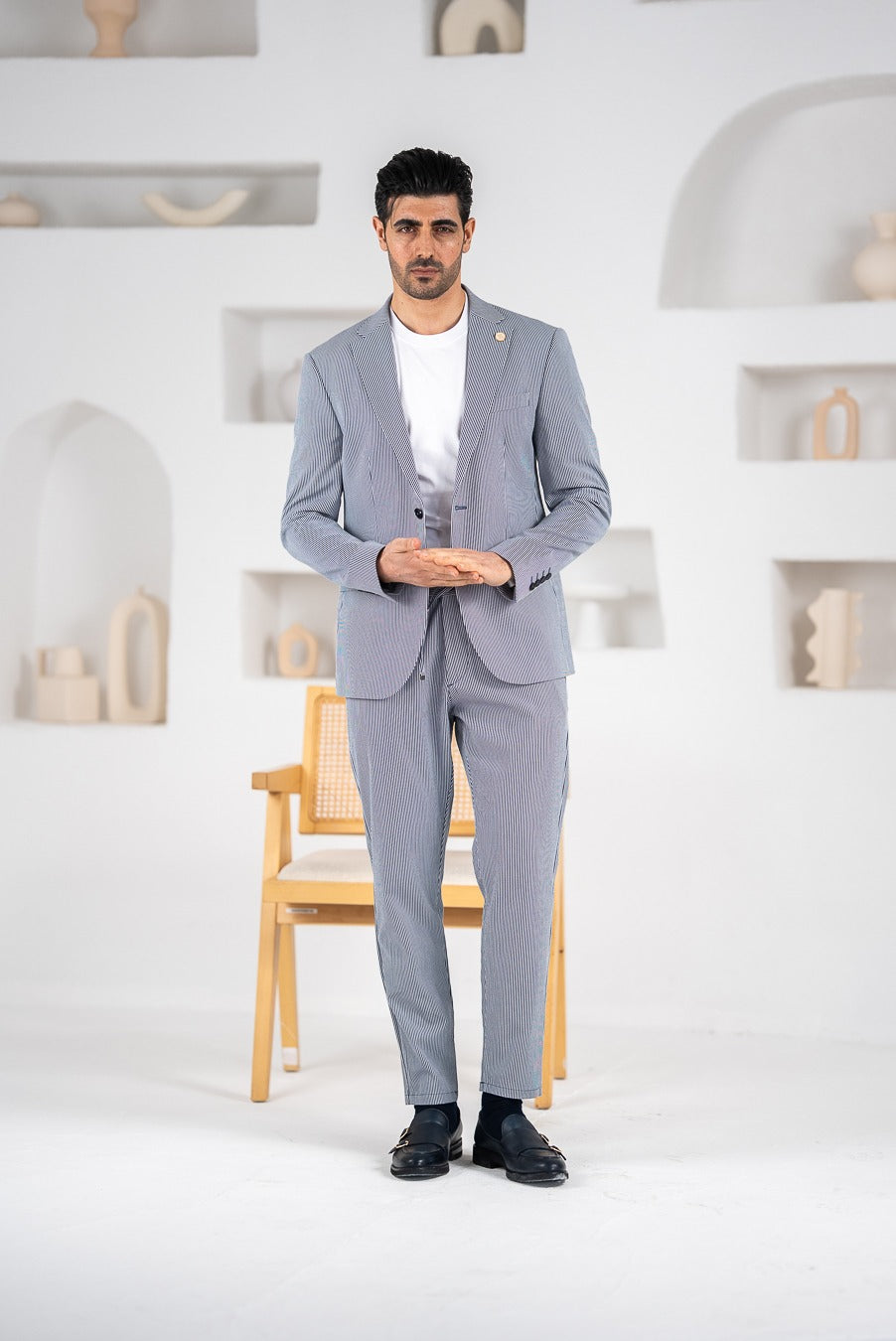 Costum barbatesc de vara, 2 piese, pantalon si sacou, culoarea albastru deschis,PG00185