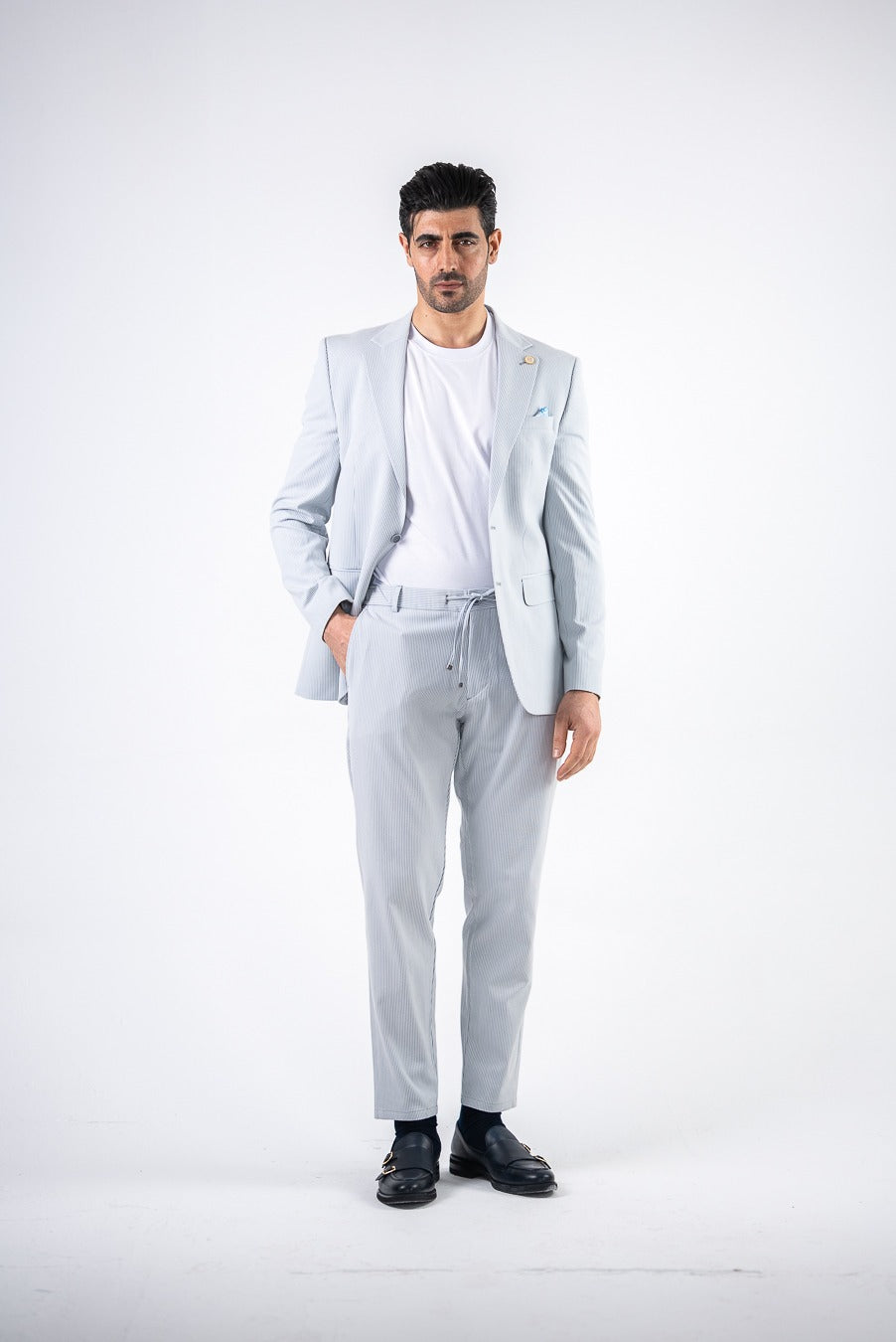 Costum barbatesc de vara, 2 piese, pantalon si sacou, culoarea bleu-pudra,PG0186