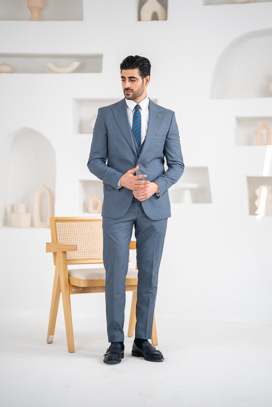 Costum Barbatesc, 3 piese, Sacou si Vesta si Pantalon,culoarea albastru prafuit, PG0197