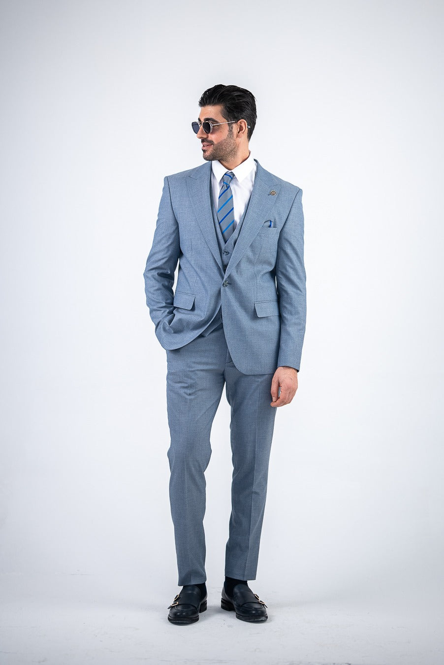 Costum Barbatesc, 3 piese, Sacou si Vesta si Pantalon,culoarea sky blue, PG0199